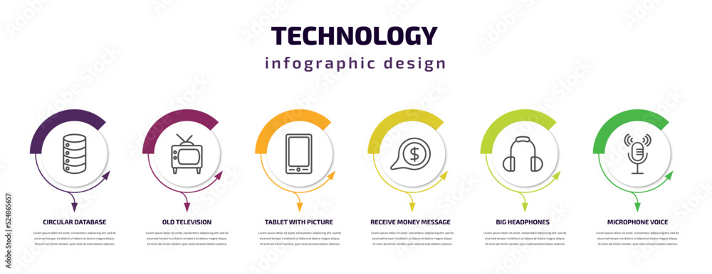 Poster technology infographic template with icons and 6 step or option. technology icons such as circular d