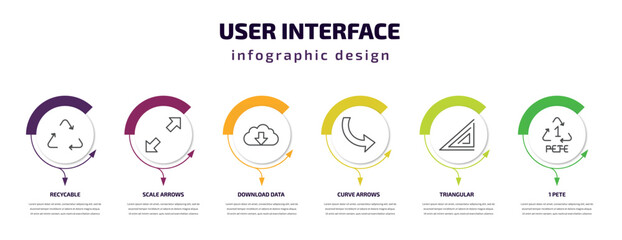 user interface infographic template with icons and 6 step or option. user interface icons such as recycable, scale arrows, download data, curve arrows, triangular, 1 pete vector. can be used for