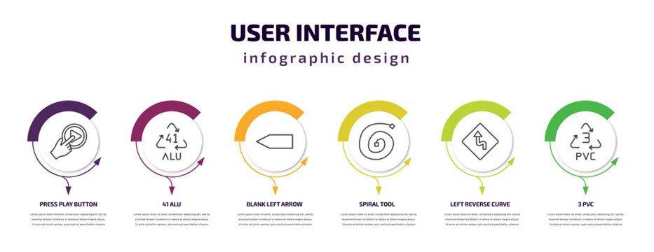 user interface infographic template with icons and 6 step or option. user interface icons such as press play button, 41 alu, blank left arrow, spiral tool, left reverse curve, 3 pvc vector. can be
