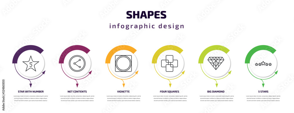 Aufkleber shapes infographic template with icons and 6 step or option. shapes icons such as star with number f