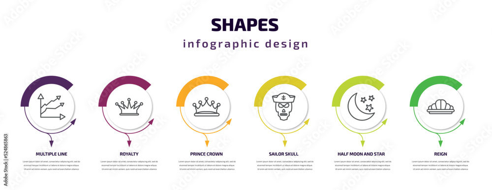 Poster shapes infographic template with icons and 6 step or option. shapes icons such as multiple line, roy