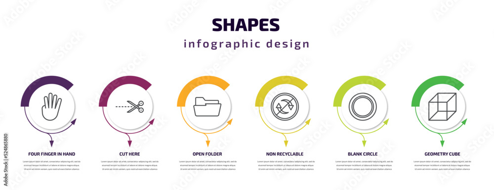 Poster shapes infographic template with icons and 6 step or option. shapes icons such as four finger in han