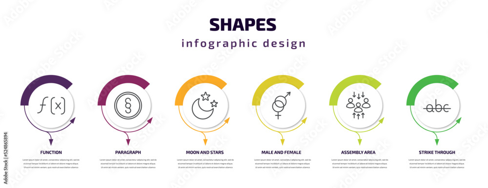 Poster shapes infographic template with icons and 6 step or option. shapes icons such as function, paragrap
