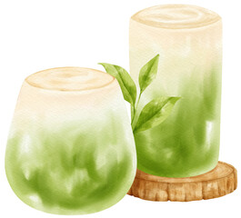 Matcha green tea latte drink composition watercolor