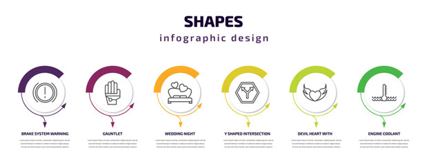 shapes infographic template with icons and 6 step or option. shapes icons such as brake system warning, gauntlet, wedding night, y shaped intersection, devil heart with wings, engine coolant vector.