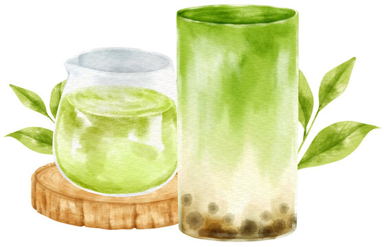matcha latte milk tea with bubble composition watercolor