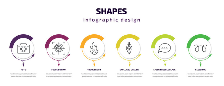 shapes infographic template with icons and 6 step or option. shapes icons such as foto, focus button, fire over line, skull and dagger, speech bubble black, glowplug vector. can be used for banner,