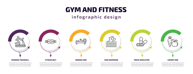gym and fitness infographic template with icons and 6 step or option. gym and fitness icons such as running treadmill, fitness belt, rowing hine, man swimming, press simulator, carrot vector. can be