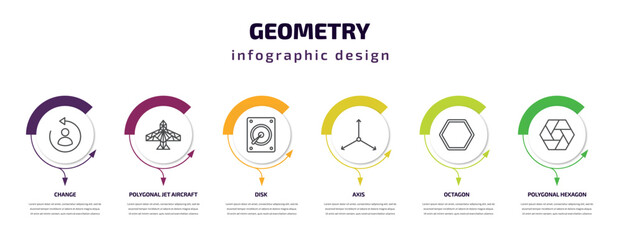 geometry infographic template with icons and 6 step or option. geometry icons such as change, polygonal jet aircraft, disk, axis, octagon, polygonal hexagon vector. can be used for banner, info