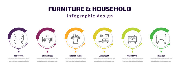 furniture & household infographic template with icons and 6 step or option. furniture & household icons such as footstool, dinner table, kitchen table, livingroom, night stand, hassock vector. can