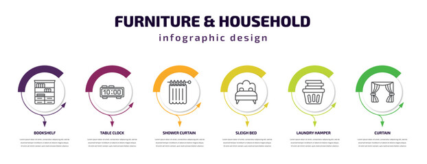 furniture & household infographic template with icons and 6 step or option. furniture & household icons such as bookshelf, table clock, shower curtain, sleigh bed, laundry hamper, curtain vector.