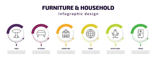 Fototapeta premium furniture & household infographic template with icons and 6 step or option. furniture & household icons such as table, ottoman, canopy bed, globe, office chair, fridge vector. can be used for