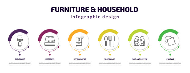 furniture & household infographic template with icons and 6 step or option. furniture & household icons such as table lamp, mattress, refrigerator, silverware, salt and pepper shakers, pillows