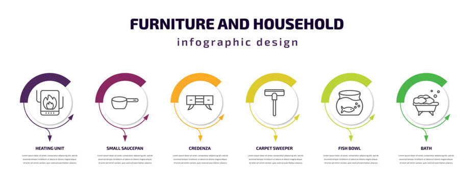 furniture and household infographic template with icons and 6 step or option. furniture and household icons such as heating unit, small saucepan, credenza, carpet sweeper, fish bowl, bath vector.