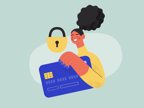 Safe payment - Online shopping and electronic commerce series - modern flat vector concept illustration of a woman with a plastic card and a lock. Protection and security of online orders concept