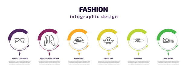 fashion infographic template with icons and 6 step or option. fashion icons such as heart eyeglasses, sweater with pocket, round hat, pirate hat, gym belt, gym shoes vector. can be used for banner,