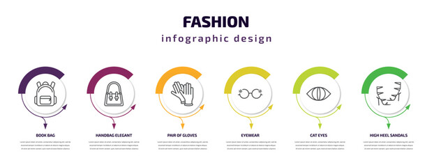fashion infographic template with icons and 6 step or option. fashion icons such as book bag, handbag elegant de, pair of gloves, eyewear, cat eyes, high heel sandals vector. can be used for banner,