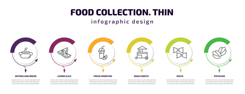food collection. thin infographic template with icons and 6 step or option. food collection. thin icons such as hotdog and bread, lemon slice, fresh smoothie, snack booth, pasta, pistachio vector.