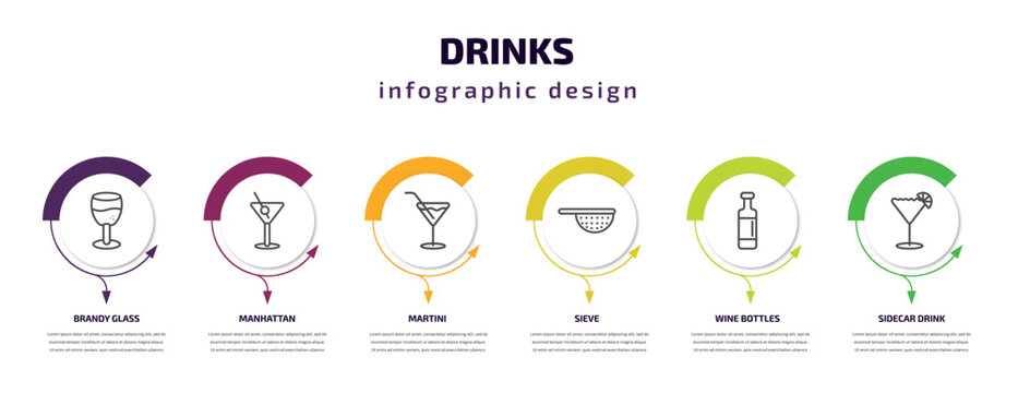 drinks infographic template with icons and 6 step or option. drinks icons such as brandy glass, manhattan, martini, sieve, wine bottles, sidecar drink vector. can be used for banner, info graph,
