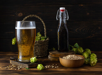 Light golden beer in a high transparent glass with droplets on a wooden board. A basket of hops in the background. A bottle of dark beer on the table. Barley grains in a wooden bowl in the foreground