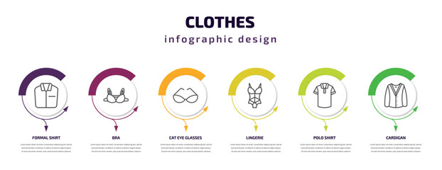 Fototapeta premium clothes infographic template with icons and 6 step or option. clothes icons such as formal shirt, bra, cat eye glasses, lingerie, polo shirt, cardigan vector. can be used for banner, info graph,