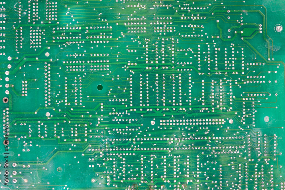 Poster old computer chips that are out of order. not working microshops with transistors, chips and conduct