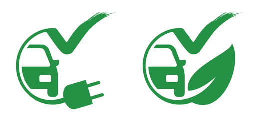 Eco or nature check. Cartoon green bio or eco power icon or symbol with car. Natural nergy sveing leaves and electric plugs. Electrical cable plug with leaf. Ecology concept