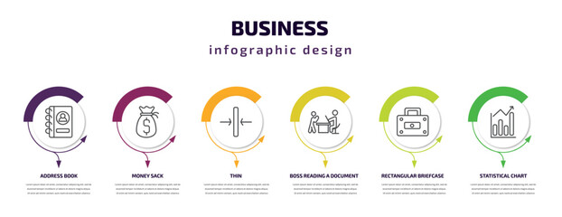 business infographic template with icons and 6 step or option. business icons such as address book, money sack, thin, boss reading a document, rectangular briefcase, statistical chart vector. can be