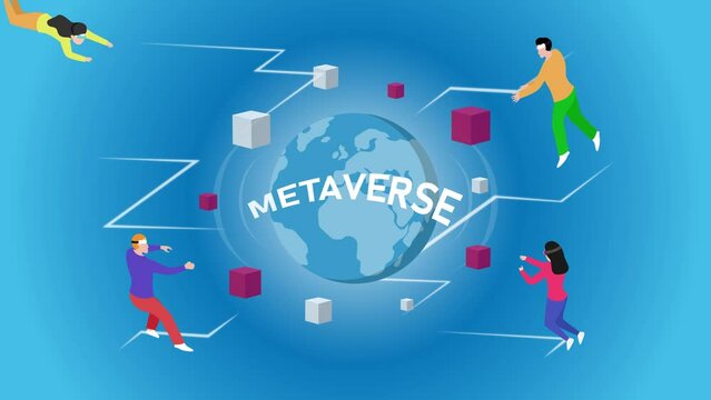 Group of people wearing VR goggles in metaverse