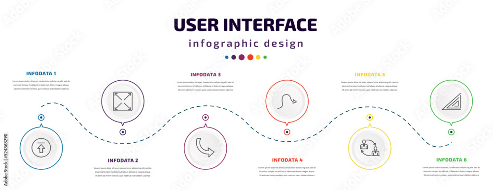 Aufkleber user interface infographic element with icons and 6 step or option. user interface icons such as upl