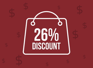 26% bag discount. Shop promotion with special offer. Promotional banner on red background.