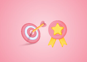 3D winner medal business goal idea. Success. Investment marketing. 3d arrow target center on pastel background.