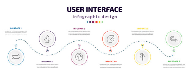 user interface infographic element with icons and 6 step or option. user interface icons such as refresh button, 41 alu, up arrow fold button, spiral tool, crossroads, curve right arrow vector. can