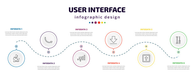 user interface infographic element with icons and 6 step or option. user interface icons such as c/pap 81, round right arrow, gap, big download arrow, key up, mechanic tool vector. can be used for