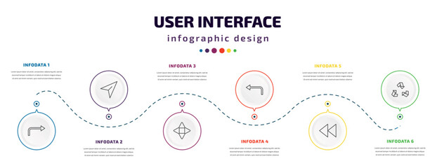 user interface infographic element with icons and 6 step or option. user interface icons such as turn right arrow, navigation arrow, navigation arrows, left turn, rewind, recycle vector. can be used