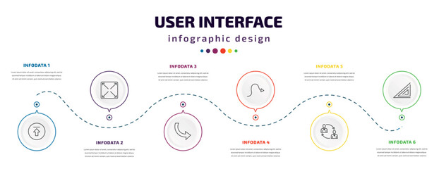user interface infographic element with icons and 6 step or option. user interface icons such as upload button, expand button, curve arrows, sketched arrow, job transition, triangular vector. can be