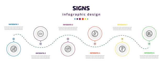 signs infographic element with icons and 6 step or option. signs icons such as no drugs, is similar to, no pets, no shower, ice cream, ironing vector. can be used for banner, info graph, web,