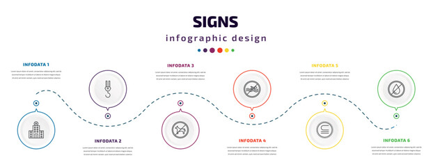 signs infographic element with icons and 6 step or option. signs icons such as hospital, hoist, no animals, no swimming, is not a sub, no water vector. can be used for banner, info graph, web,