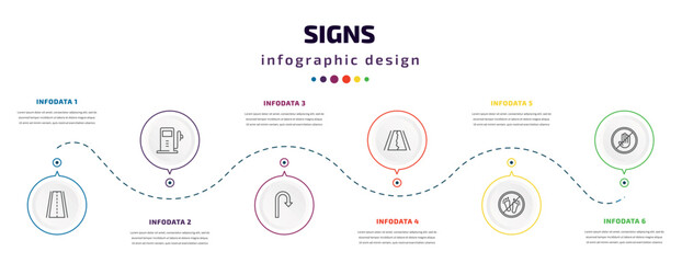 signs infographic element with icons and 6 step or option. signs icons such as roads, gas station, u turn, road collapse, no step, no touch vector. can be used for banner, info graph, web,