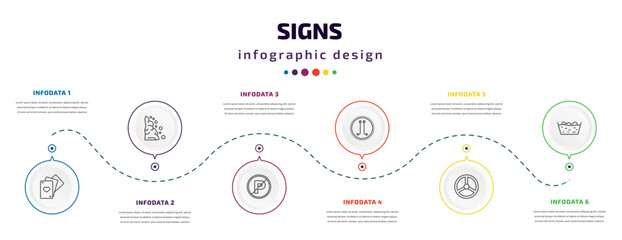 signs infographic element with icons and 6 step or option. signs icons such as gambling, landslide, no parking, is parallel to, nuclear, washing vector. can be used for banner, info graph, web,