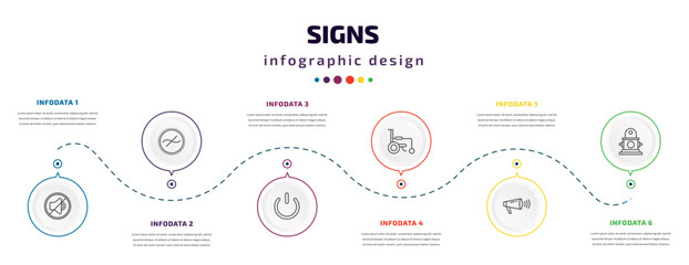 signs infographic element with icons and 6 step or option. signs icons such as silence, not similar, power button, wheelchair, shout, hydrant vector. can be used for banner, info graph, web,
