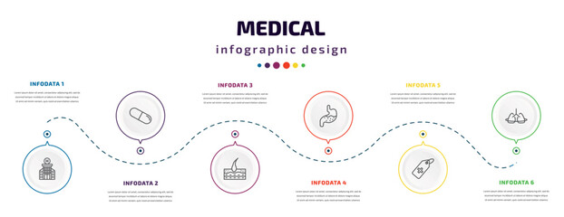 medical infographic element with icons and 6 step or option. medical icons such as hospital building front, medical pill, epidermis, stoh, tag with a cross, breath control vector. can be used for