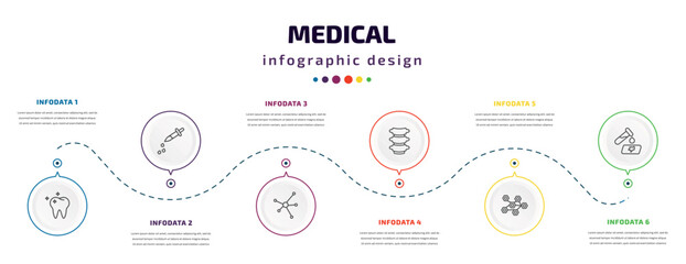 medical infographic element with icons and 6 step or option. medical icons such as molar, dosage medical tool, molecular structure, vertebra, three hexagons cell, blood analysis vector. can be used