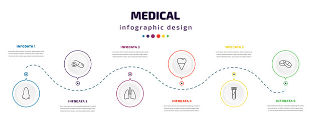 medical infographic element with icons and 6 step or option. medical icons such as l, antibiotic, lungs, premolar, blood sample, tablets vector. can be used for banner, info graph, web,