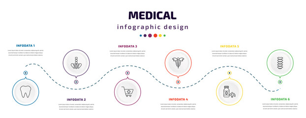 medical infographic element with icons and 6 step or option. medical icons such as tooth, pelvic area, phary shopping cart, caduceus, pills jar, spinal column vector. can be used for banner, info