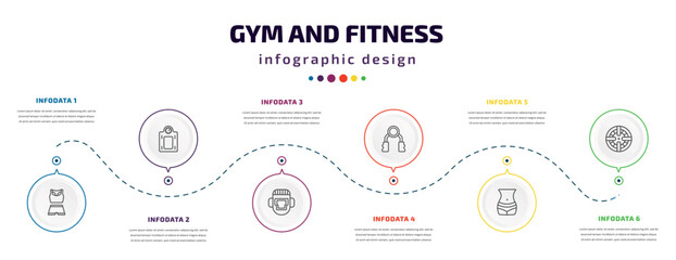 gym and fitness infographic element with icons and 6 step or option. gym and fitness icons such as female sportwear, weighing scale, headgear, grip, fitness body, iron shoot vector. can be used for