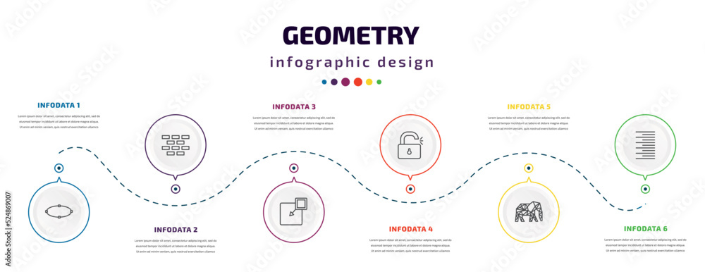 Poster geometry infographic element with icons and 6 step or option. geometry icons such as ellipse, constr