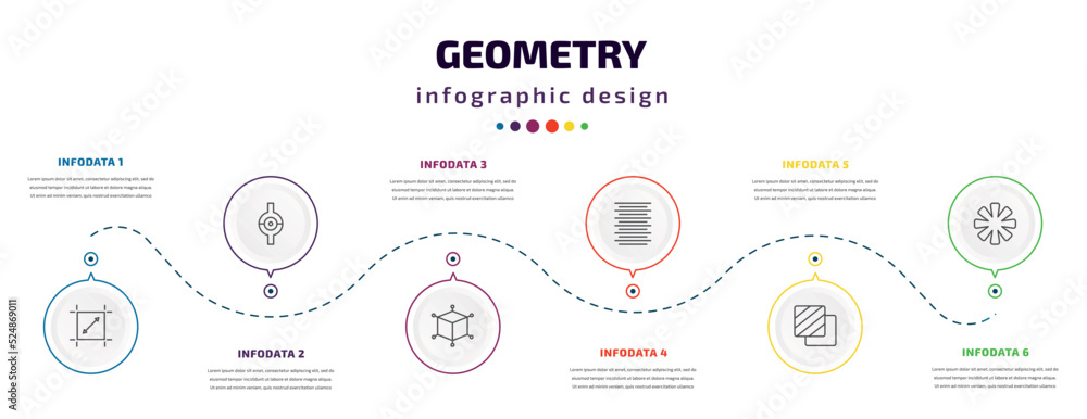 Poster geometry infographic element with icons and 6 step or option. geometry icons such as dimensions, joi