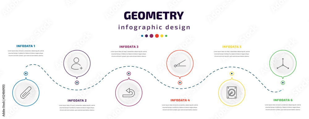 Poster geometry infographic element with icons and 6 step or option. geometry icons such as attach, join, u