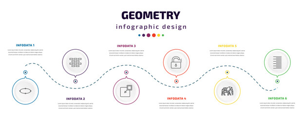 geometry infographic element with icons and 6 step or option. geometry icons such as ellipse, construction, insert, unlock, polygonal elephant, right align vector. can be used for banner, info